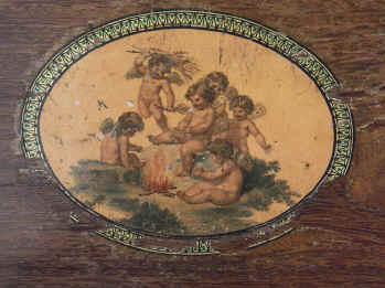 Rare Georgian sewing box  with cherub print and turned Tunbridge ware  sewing tools Circa 1800.