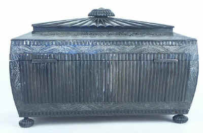 An important and monumental Anglo Indian Vizagapatam black buffalo horn tea chest Circa 1835.