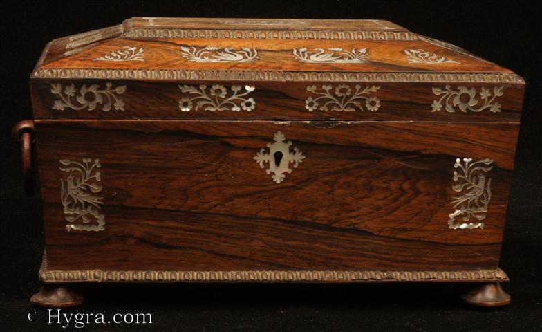 Hygra: Antique rosewood box of architectural shape with mother of pearl  inlay. Circa1825