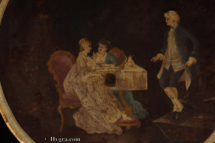 painted on silk, a scene at the tea table, the expensive fashionable drink of the 18th century. It rather proves the point-the fashionable lady is holding her face screen while her friend imparts some gossip. A gallant stands by in a characteristic pose.