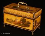 733TC: Rare  complex Toleware tea chest of rectangular form. The outside is decorated with painted decoration depicting rural scenes on a  japanned ocher ground.  C. 1765
