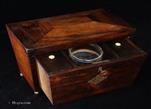 749TC: Rosewood veneered three compartment tea caddy of extraordinary form, opening like a drawer, circa 1850.  
