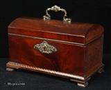 881TC: Antique 18th c. tea caddy with cast escutcheon and carrying handle and bracket feet Circa 1780