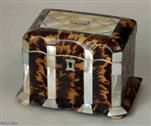 TC114: A  tortoiseshell and mother-of-pearl single compartment tea caddy of rectangular form,  with three concave panels of tortoiseshell, the interior ivory faced with ivory standing on turned bone feet. Circa: 1840.