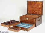  Antique rosewood box having inset brass carrying handles, and   inlayed brass lines to the top and front, and a separately secured drawer fitted for jewelry. Inside the box there is a liftout tray  with supplementary lids and smaller boxes.  There is a document wallet in the lid which retains its original velvet covering.  Circa 1820 Enlarge Picture