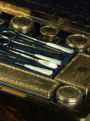 A Very High Quality Brass bound  London maker Coromandel Dressing Box circa 1859 with gilt silver. Enlarge Picture