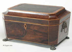 An octagonal shaped Regency rosewood box with   embossed gilt brass drop handles and standing on lion feet Circa 1815