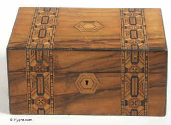 Victorian walnut veneered box inlaid in strips of geometric marquetry circa 1880.