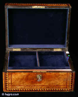 JB401: A Box veneered in well figured walnut and inlaid with parquetry to the top and front.  Inside is the original tray  which has been relined. circa 1880. Enlarge Picture