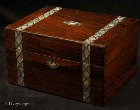 JB513: Antique rosewood box inlaid with bandings in mother and abalone Enlarge Picture