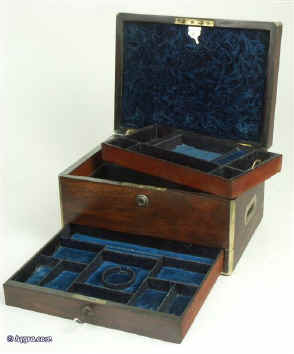 Antique Early Victorian Rosewood Box with Brass Edging, liftout tray, Jewlery Drawer, and Bramah Locks. Enlarge Picture