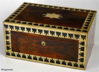 Antique Rosewood Box with Brass and Ebony Border by Batley of London c.1820. Enlarge Picture