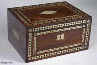 Antique Regency Box inlaid with brass with side drawer and lift out tray and side drawer circa 1815. Enlarge Picture