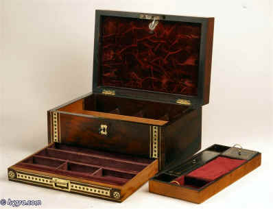 A Regency rosewood box inlaid with brass and ebony having a liftout tray and  drawer fitted for jewelry. circa 1815  Enlarge Picture
