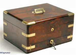 Antique Rosewood box with brass accents, drawer for jewelry and document wallet. Circa 1850.  Enlarge Picture