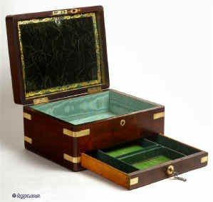 JB188: Antique Rosewood box with brass accents, drawer for jewelry and document wallet. Circa 1850. Enlarge Picture