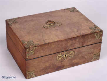 JB191: Burr chestnut veneered box with gilded brass mounts and liftout tray. circa 1860 Enlarge Picture