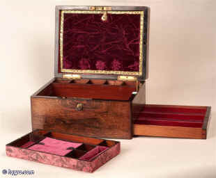  Antique box  veneered richly colored and figured rosewood  box,  the top inlaid with mother of pearl plate,  having a lift out tray with divisions and a  side drawer fitted for jewelry, a document wallet in the lid and a framed mirror. circa 1840 Enlarge Picture
