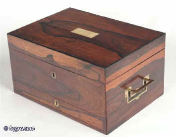 Antique Regency figured rosewood box, circa 1810, by Chrisp manufacturer, London fitted for jewelry Enlarge Picture