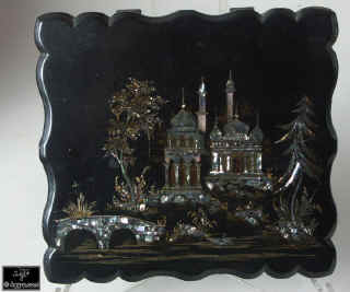  papier mch box exquisitely decorated with an oriental scene in mother of pearl and gilding.  Circa 1850  Enlarge Picture