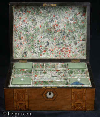 SB480: Walnut veneered box  inlaid  with bandings of parquetry circa 1880. A box of pleasing structure with a relined interior. The inlay is within the genre of mid to late 19th century, but it has greater complexity than the average example of such work. Working lock and key. Enlarge Picture