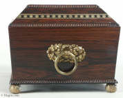A fully fitted brass inlaid rosewood sewing box with gadrooned edges gilt side carrying handles and gilt feet. Inside the fully fitted sewing tray contains a set of turned ivory spools.  Circa 1810. Enlarge PictureEnlarge Picture