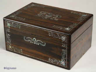 AntiqueCoromandel fitted sewing box with fine inlay in mother of pearl and abalone circa 1850. Enlarge Picture