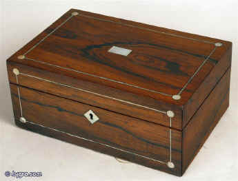 Early 19th C box veneered with figured rosewood inlayed with mother of pearl and white metal and having an original tray fitted for sewing. circa 1835 Enlarge Picture