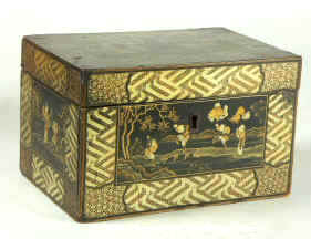 A Exquisite Chinese Export lacquer tea chest with expressive paintings in gold and coloured lacquer Circa 1800.  Enlarge Picture