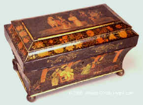 A Rare Polychromed tea chest with scenes of oriental life Circa 1815-20 Enlarge Picture