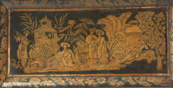Two of the men appear to be serving the ladies, one carrying flowers for them and the younger one bringing them a bird. The third man, who is wearing a wonderful hat is resting and observing. One of the women is gathering flowers. The scene hints at a very relaxed relationship between Europeans and Orientals. This is most unusual. On the whole chinoiserie scenes depicted only Eastern figures. European figures were either painted in naturalistic English country settings, or very rarely in classical poses. Enlarge Picture