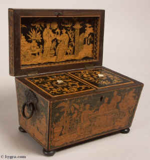 A Finely Drawn Penwork tea  Caddy of Particular Interest Dated 1845 decorated inside and out with penwork depicting the cultural and social interchange of east and west.  Enlarge Picture