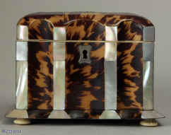 An Early Victorian  tortoiseshell and mother-of-pearl single compartment tea caddy  Enlarge Picture