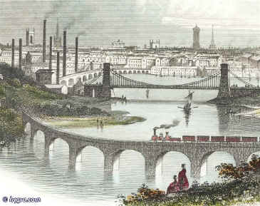 Wellington Suspension Bridge, spanning the Dee at Craiglug in the vicinity of Ferryhill, 1 mile below Dee Bridge, was erected in 1831 at a cost of 10,000, and is 220 feet long by 22 wide. - The Railway Viaduct (1848), on the Aberdeen section of the Caledonian, crosses the Dee transversely, 3 furlongs above the Suspension Bridge, and designed by Messrs Locke & Errington, consists of 7 irongirder arches, each about 50 feet in span, with two land arches at its northern end.-Enlarge Picture