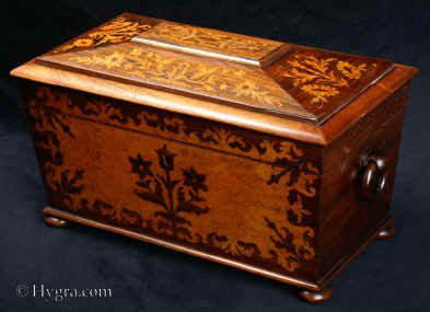 TC427 Tea chest of sarcophagus shape the front and top having a marquetry of contrasting amboyna and rosewood, depicting stylized themes from nature. The interior has two lift out canisters and a central cut crystal bowl. Earlier versions like the one here tend to have well made canisters and carefully finished interiors. Furthermore they are structured with care. Note the well turned feet and the complex turned solid rosewood loop handles as well as the solid rosewood framing. Circa 1835-40. Enlarge Picture