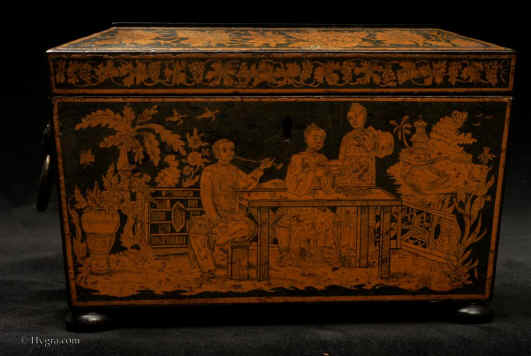 TC109:A Finely Drawn Penwork tea  Caddy of Particular Interest Dated 1845 decorated inside and out with penwork depicting the cultural and social interchange of east and west. Enlarge Picture