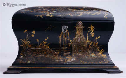 TC472: Curvaceous Papier mch caddy with chinoiserie decoration stamped Jennens & Bettridge, circa 1845.The oriental scenes are executed with inlaid mother of pearl which is painted and gilded.The elaborate shape exploits the plasticity of the medium. Enlarge Picture