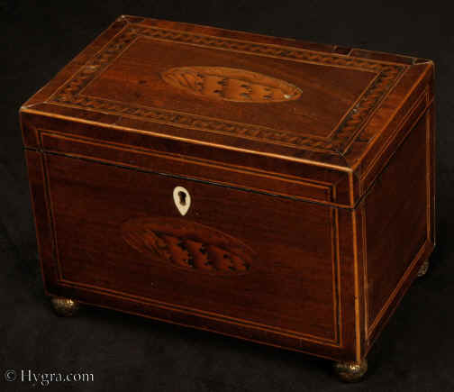 TC541:Inlaid mahogany two compartment  tea caddy circa 1790. The top and front have  central  oval marquetry medallions depicting  conch shells. Inside there are two compartments with supplementary lidswith turned bone pulls. in the 18th century manner the lids do not have supports but would be expected to sit on the tea. The orchestration of the inlays is complex. The top has the central cartouche inlaid in a panel of well figured flame mahogany. This is framed by inlaid stringings in light and dark woods and a cross banding of mahogany.  the caddy is edged in boxwood having facings to the bottom and the lid. The caddy stands on cast gilded brass feet. Enlarge Picture
