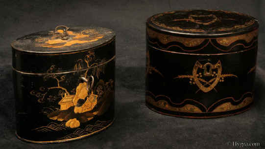 Rare 18th Centaury oval tea caddies: the caddy on the left is tole ware. The caddy on the right is Chinese Export lacquer Enlarge Picture