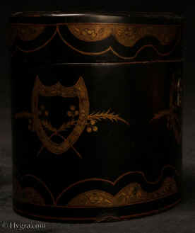 Rare 18th Century Chinese Export lacquer tea caddy of over form with gilded decoration. Inside there is a lidded pewter tea canister. Circa 1780.Enlarge Picture