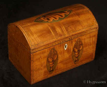 TC562:  18th century satinwood two compartment tea caddy inlaid with fine decoration in the neoclassical tradition. Circa 1790 Enlarge Picture