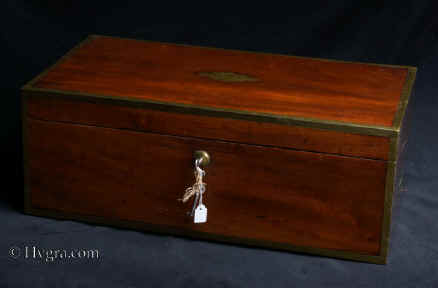  Antique Brass bound flame mahogany writing box of dovetail constructionwith secrets circa 1820 Enlarge Picture
