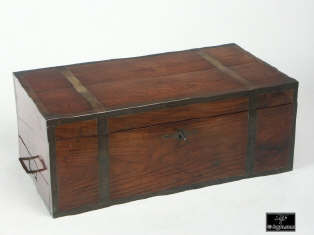 A brass bound solid rosewood  writing box with side drawer, secret drawers, countersunk carrying handles a pair of inkwells . Enlarge Picture