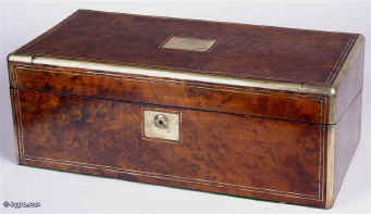  Antique Burr Walnut Writing Box with Brass Surround,  Secret Drawers, and Bramah Lock circa 1870.Enlarge Picture