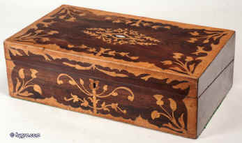 wb141: Antique writing box / lap desk, the top and front decorated with marquetry in contrasting rosewood and birds eye maple  depicting stylized themes from nature, opening down to reveal a green baize  velvet writing surface and compartments for pens and writing instruments. There are compartments for holding paper under the flaps. Circa 1840. Enlarge Picture