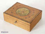Rare late 18th century inlaid maple fitted sewing box decorated with a hand colored print depicting Autumn Circa 1790.