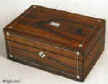 Early 19th C box veneered with figured rosewood inlayed with mother of pearl and white metal and having an original tray fitted for sewing. circa 1835 Enlarge Picture