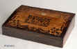 Antique writing slope/ lap desk, the top decorated with marquetry in contrasting rosewood and birds eye maple  depicting stylized themes from nature, opening down to reveal an embossed royal purple velvet writing surface and compartments for pens and writing instruments. There is a compartment for holding paper under the flap circa 1840 Enlarge Picture