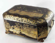 Fitted Chinese Export Lacquer Sewing  Box decorated with Tea Cultivation Scenes,  circa 1830