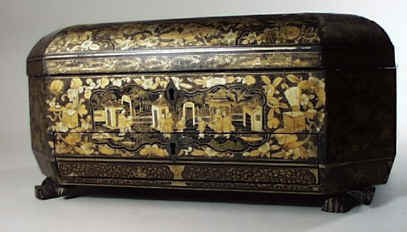 Chinese Export Lacquer Sewing Box decorated with scenes of oriental life circa 1850.
